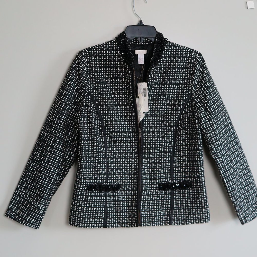 NWT Chico's Black/White Tweed Droplets "Thoara" Zip Jacket Size 1 (S/M) - Picture 2 of 8